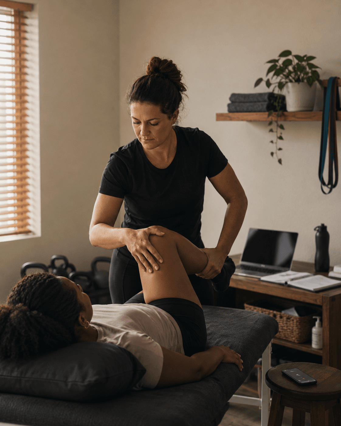 Physiotherapist working with a client while a phone sits nearby