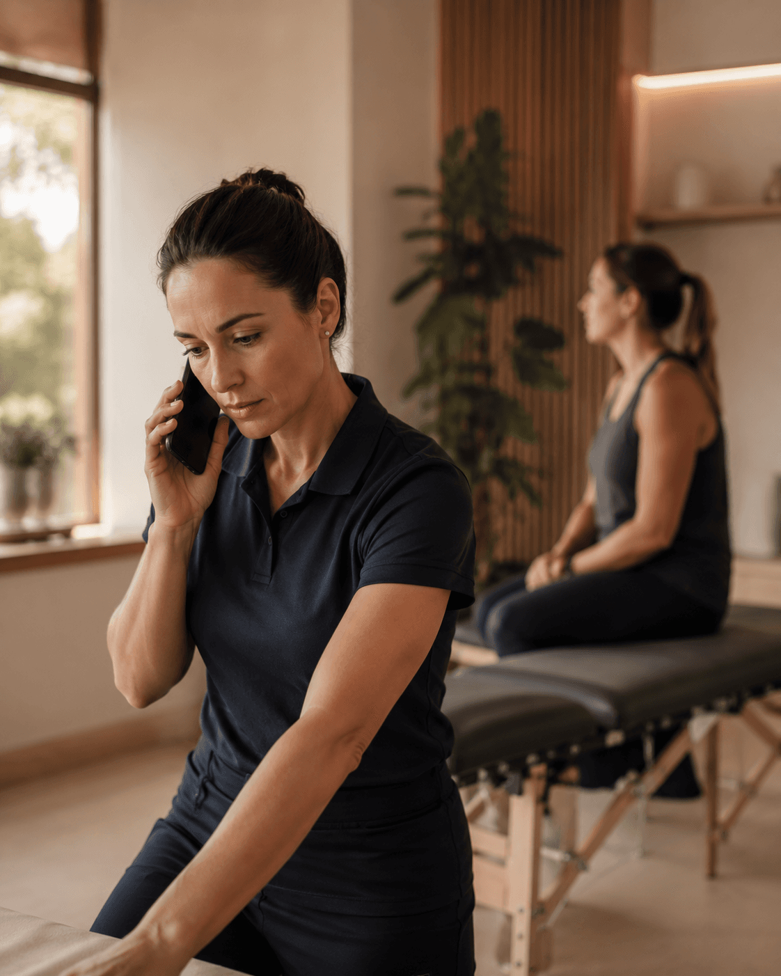 Physiotherapist taking a phone call while a patient waits in the background